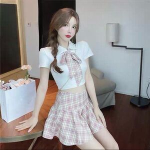 Plaid Skirt and White Top with Bow